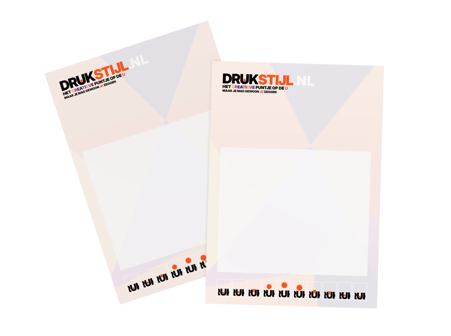 Twee vellen briefpapier met kleurvlakken en DRUKSTIJL-logo