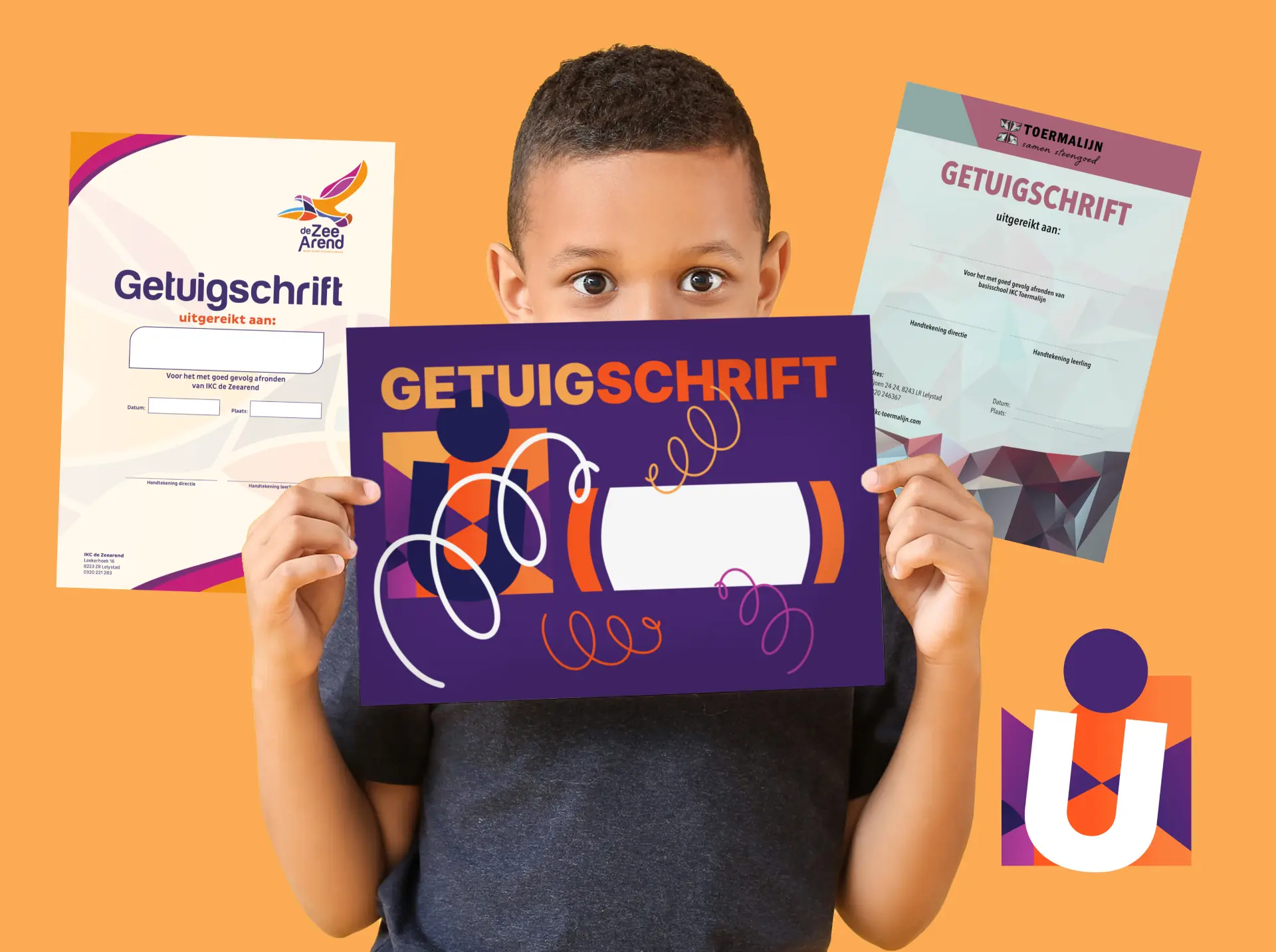 Jonge jongen met een kleurrijk getuigschrift van DRUKSTIJL, geflankeerd door twee getuigschriftontwerpen