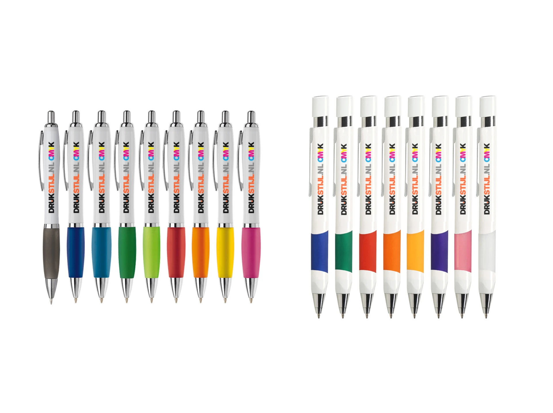 Rijen gekleurde DRUKSTIJL pennen in alle kleuren van de regenboog