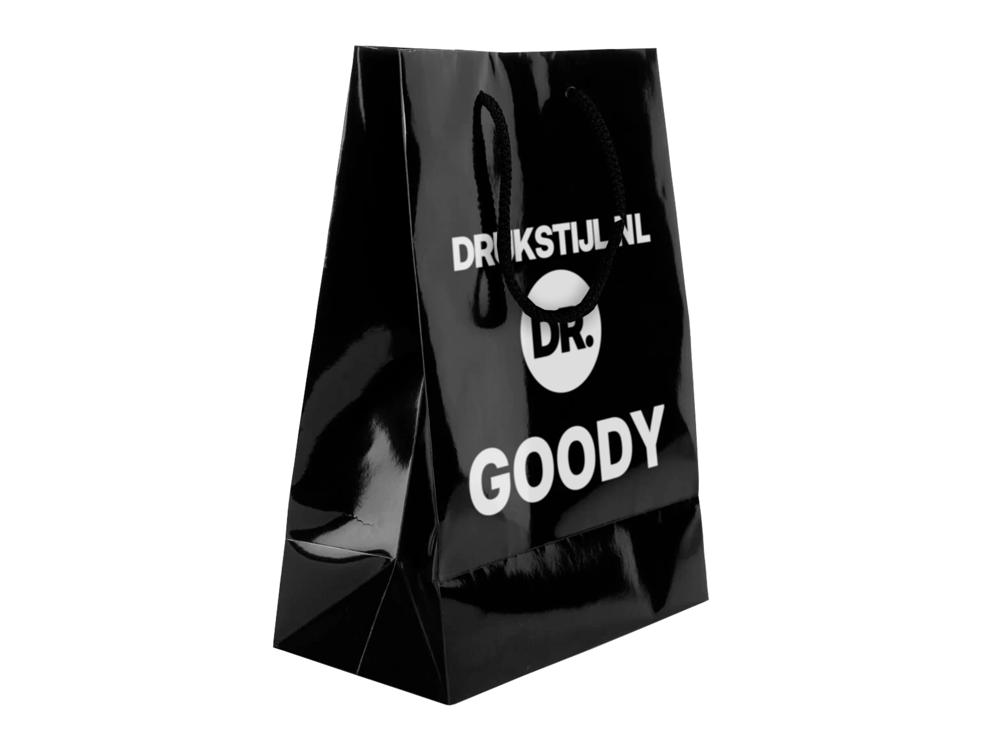 Zwarte glanzende DRUKSTIJL goodybag met DR. logo en GOODY-opdruk