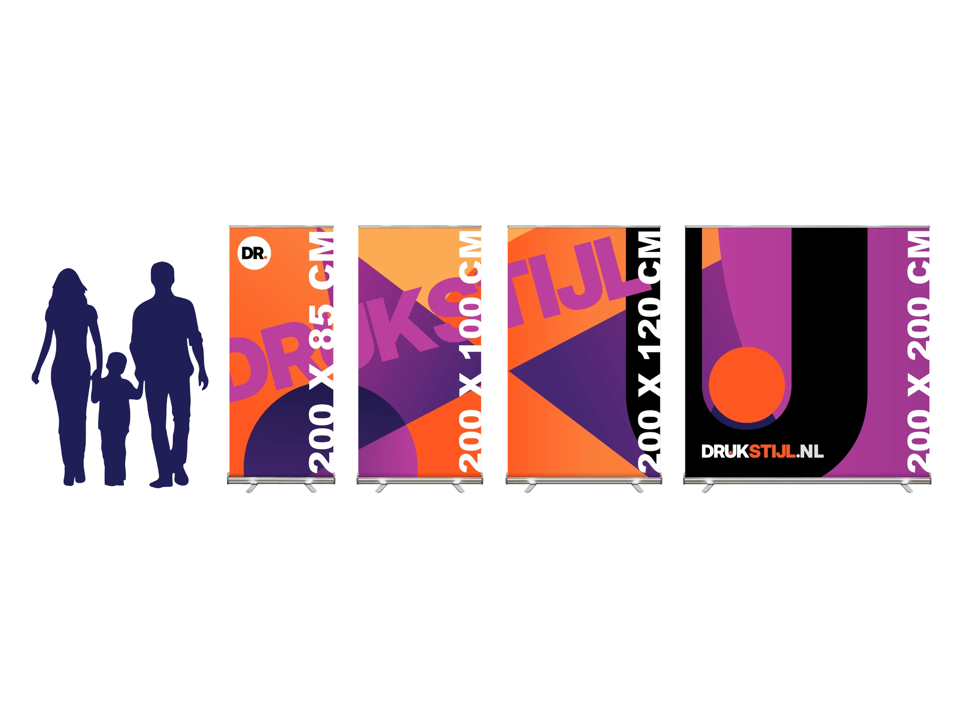 Roll-up banners in de formaten 85, 100, 120 en 200 cm breed