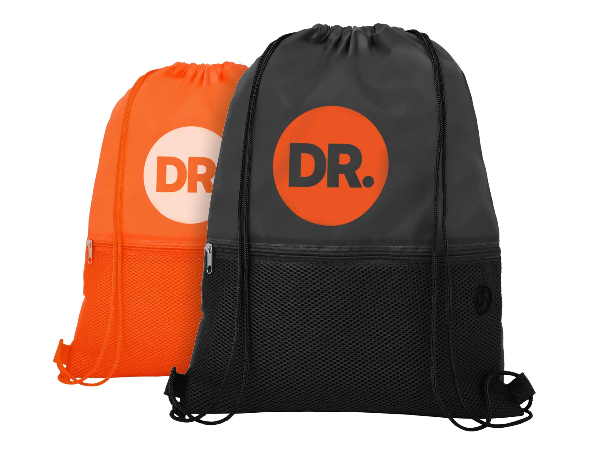 Twee bedrukte gymtassen in oranje en zwart met het DRUKSTIJL logo