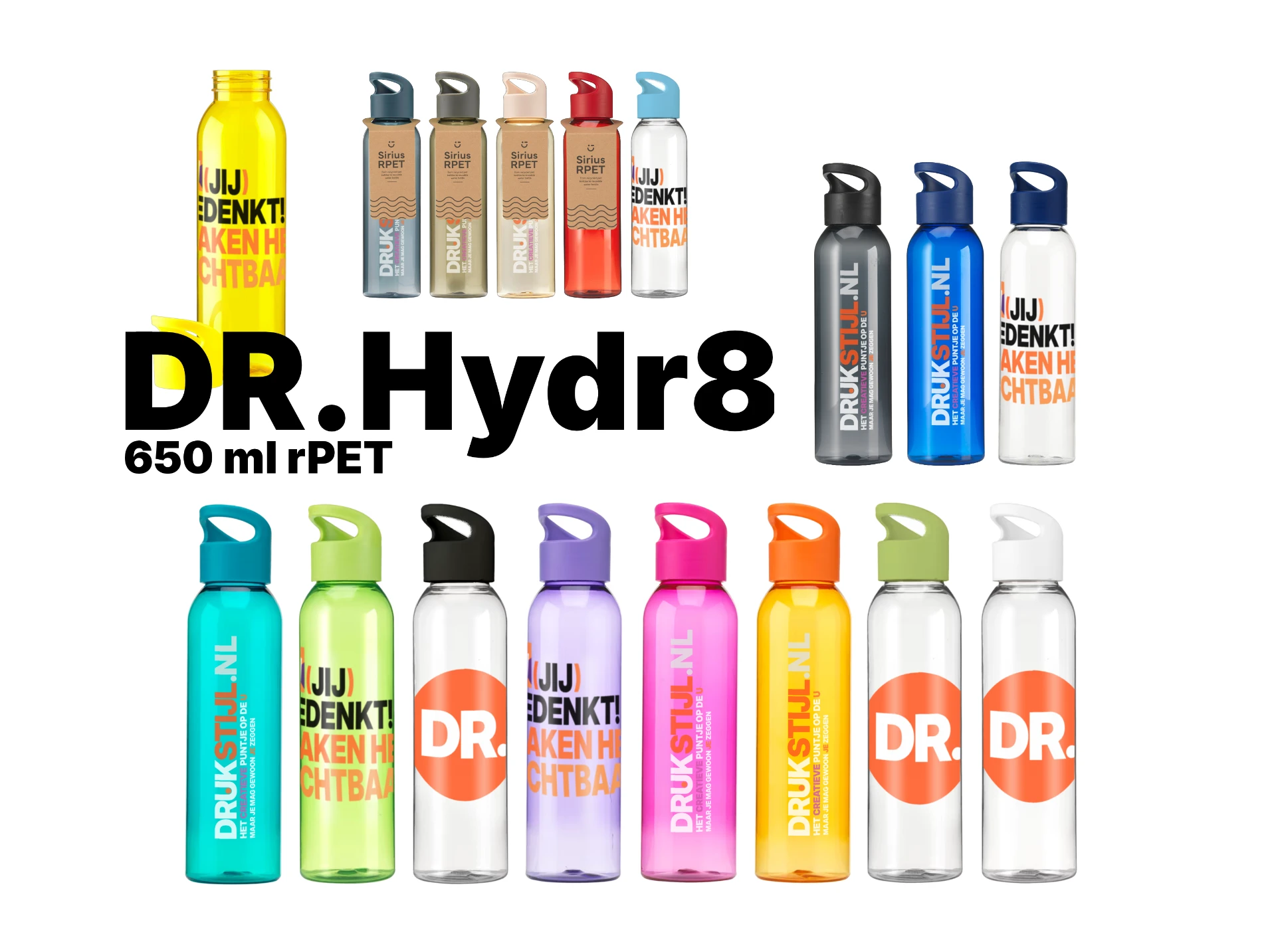 Gele drinkfles met wit U-logo in een lichte omgeving