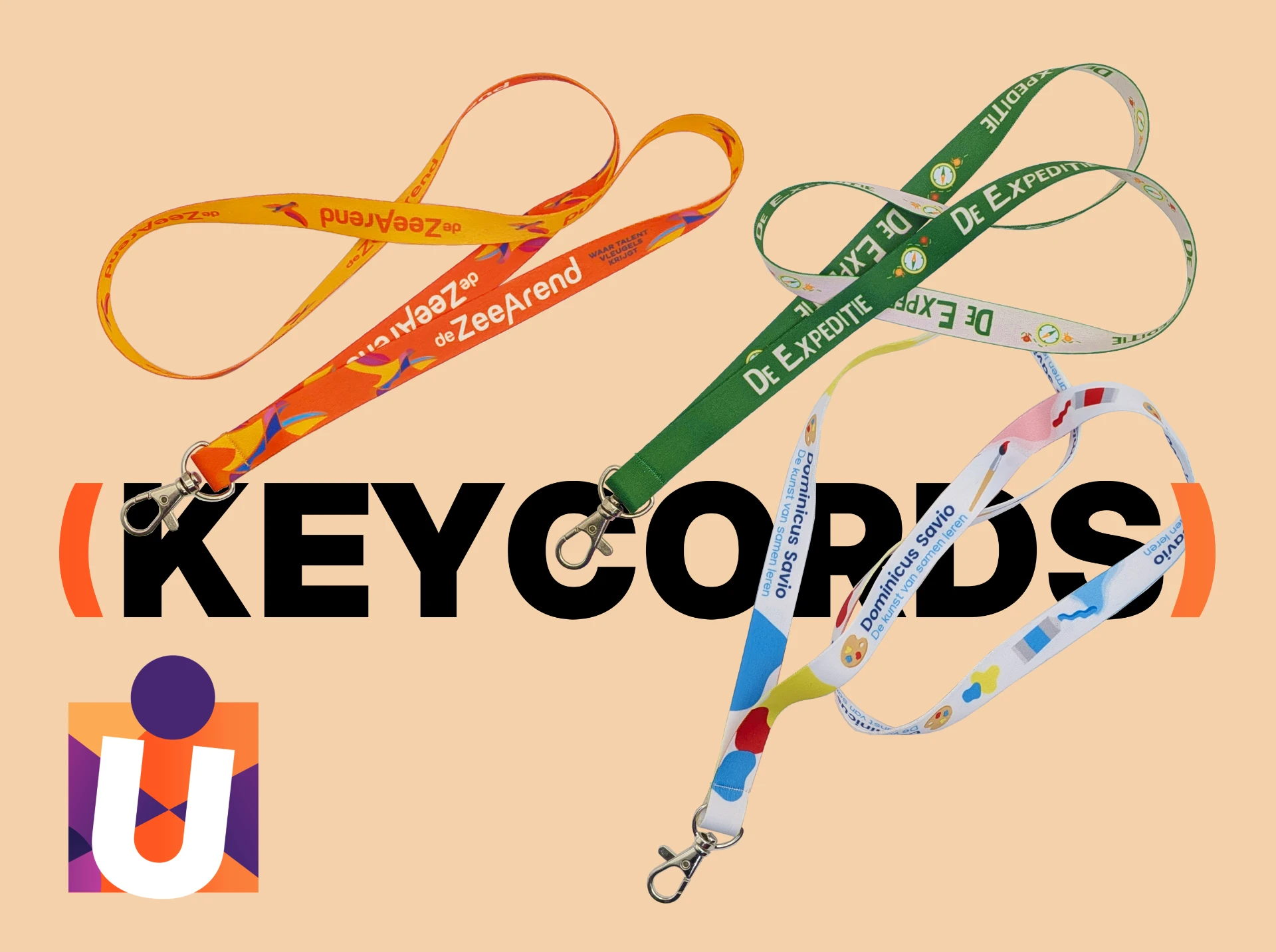 Vier eigen geproduceerde keycords boven de tekst (KEYCORDS): oranje, groen en twee bont bedrukte bandjes