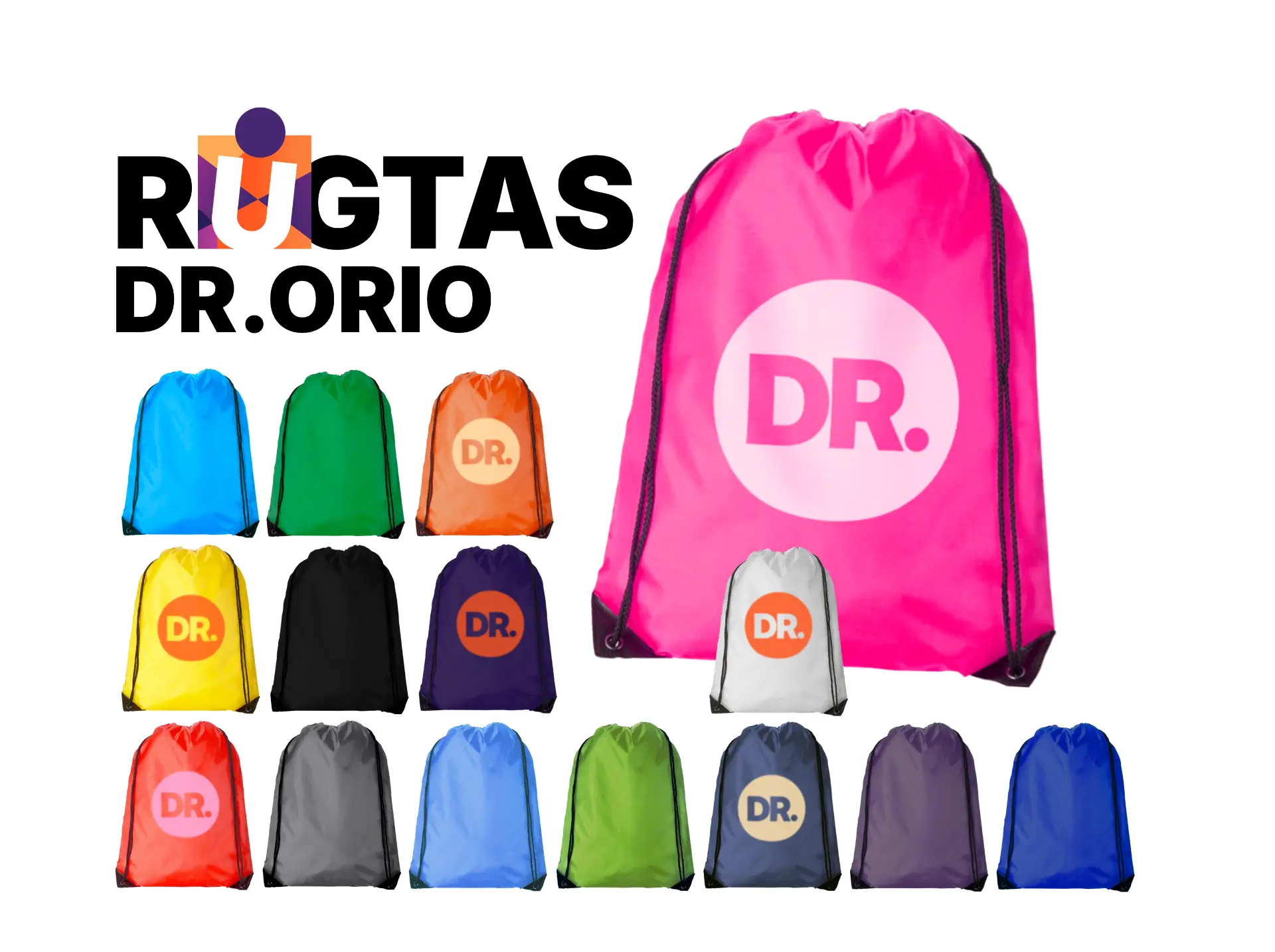 Kleurrijke rugtassen DR.ORIO in vele kleuren, met DRUKSTIJL-logo