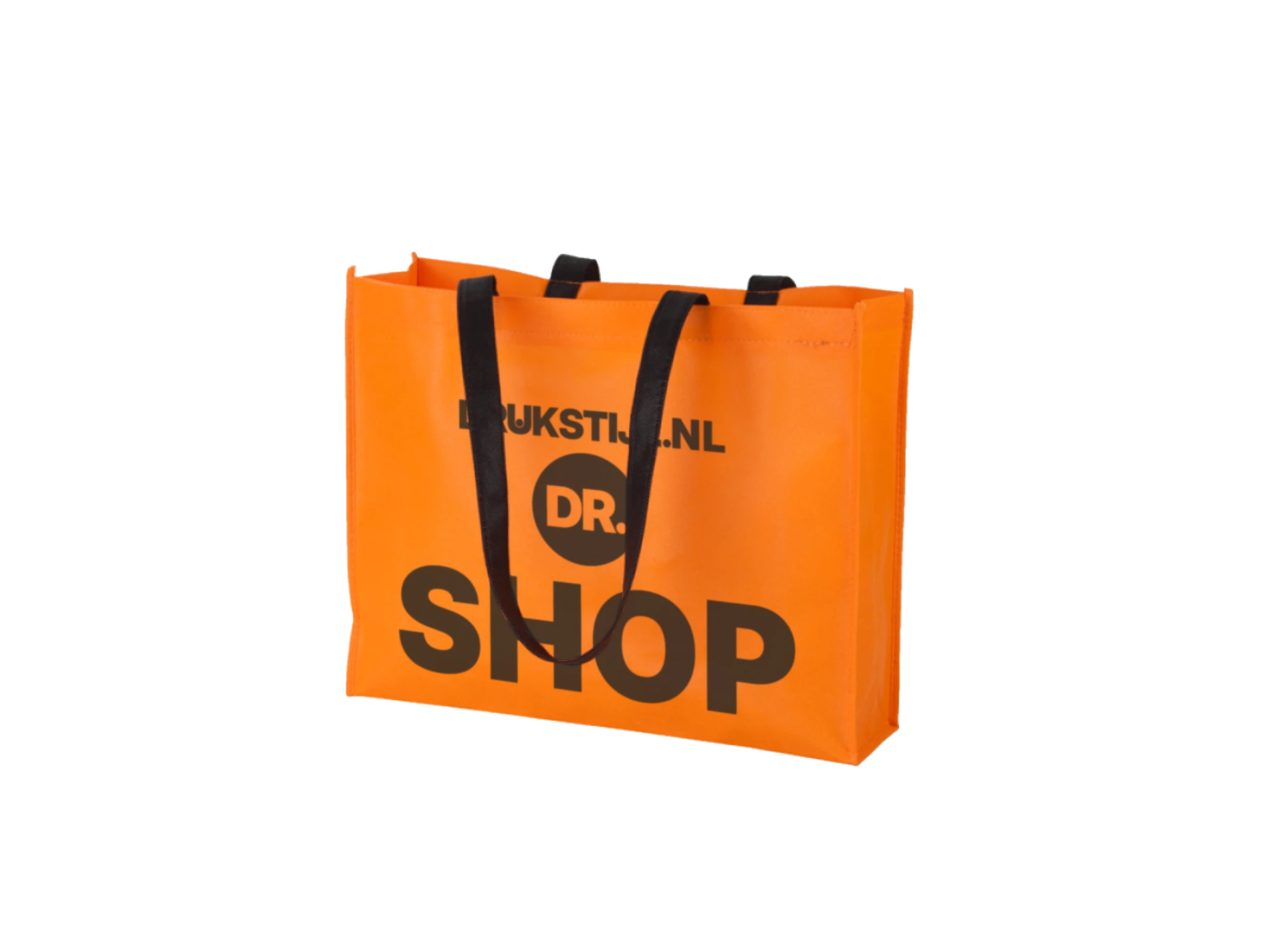 Oranje shopper met DRUKSTIJL.NL logo en SHOP-opdruk