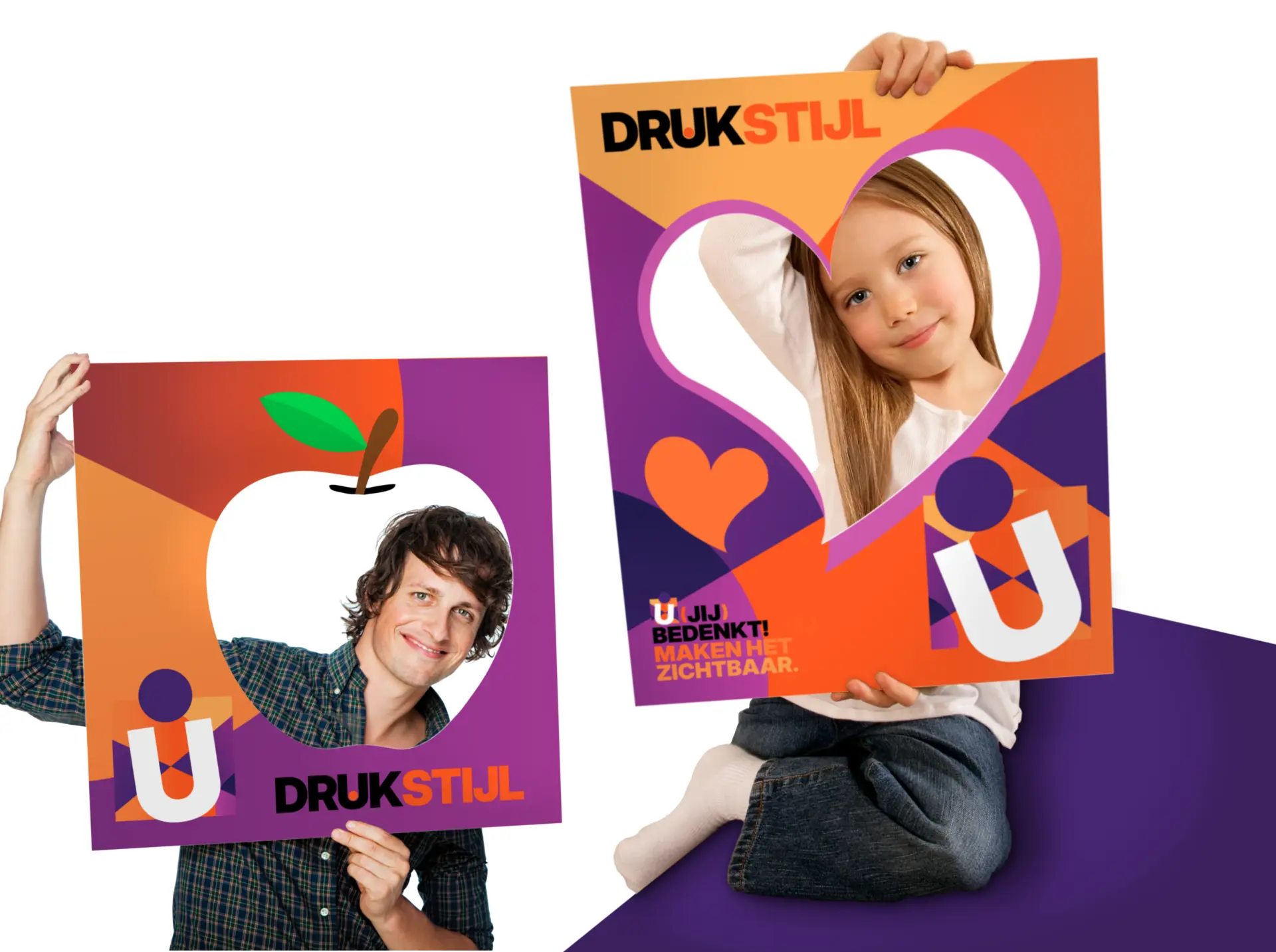 Fotoframes van DRUKSTIJL met appelvorm en hartvormige uitsnedes