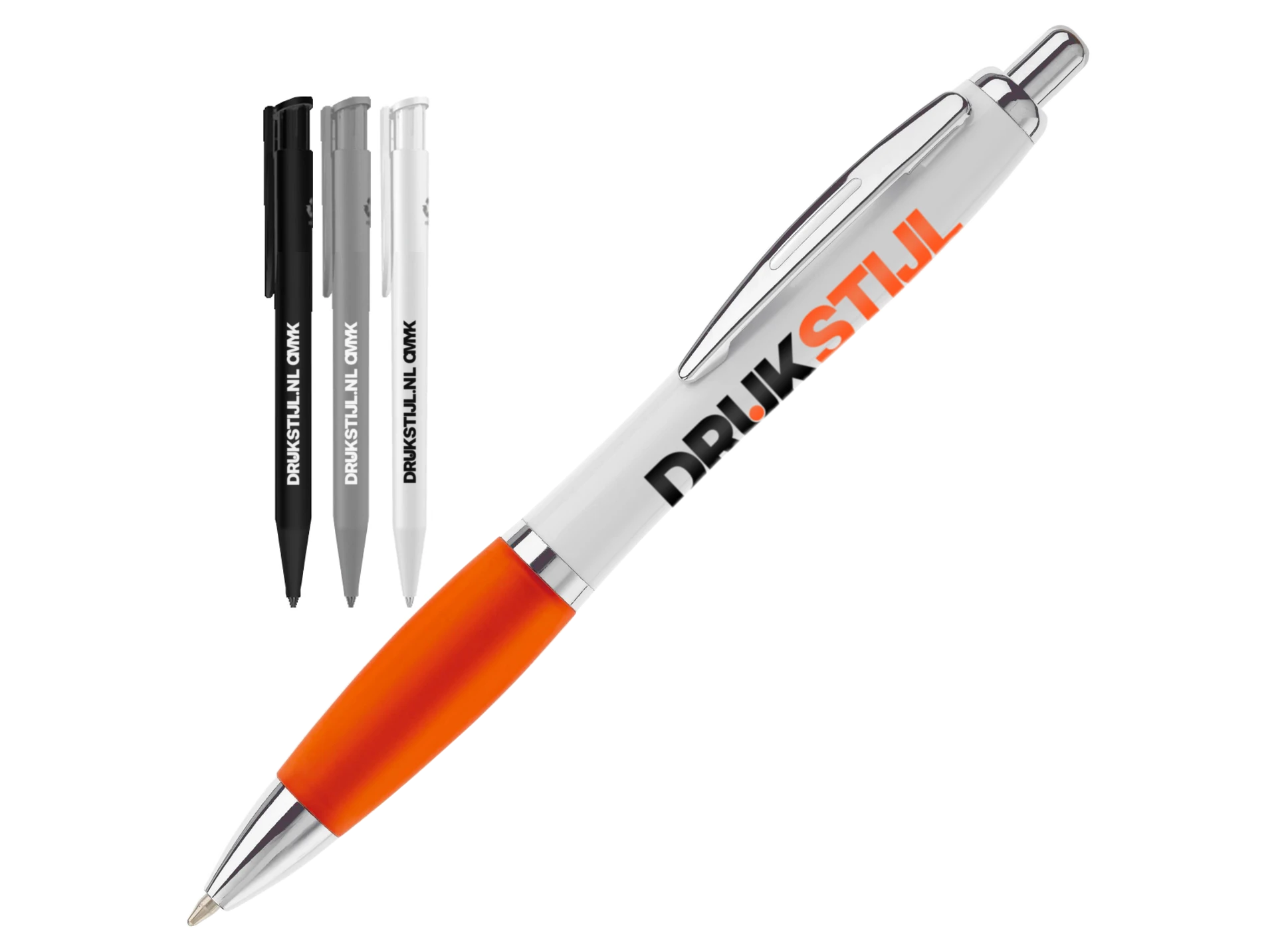 Witte DRUKSTIJL pennen met gekleurde clip en grip