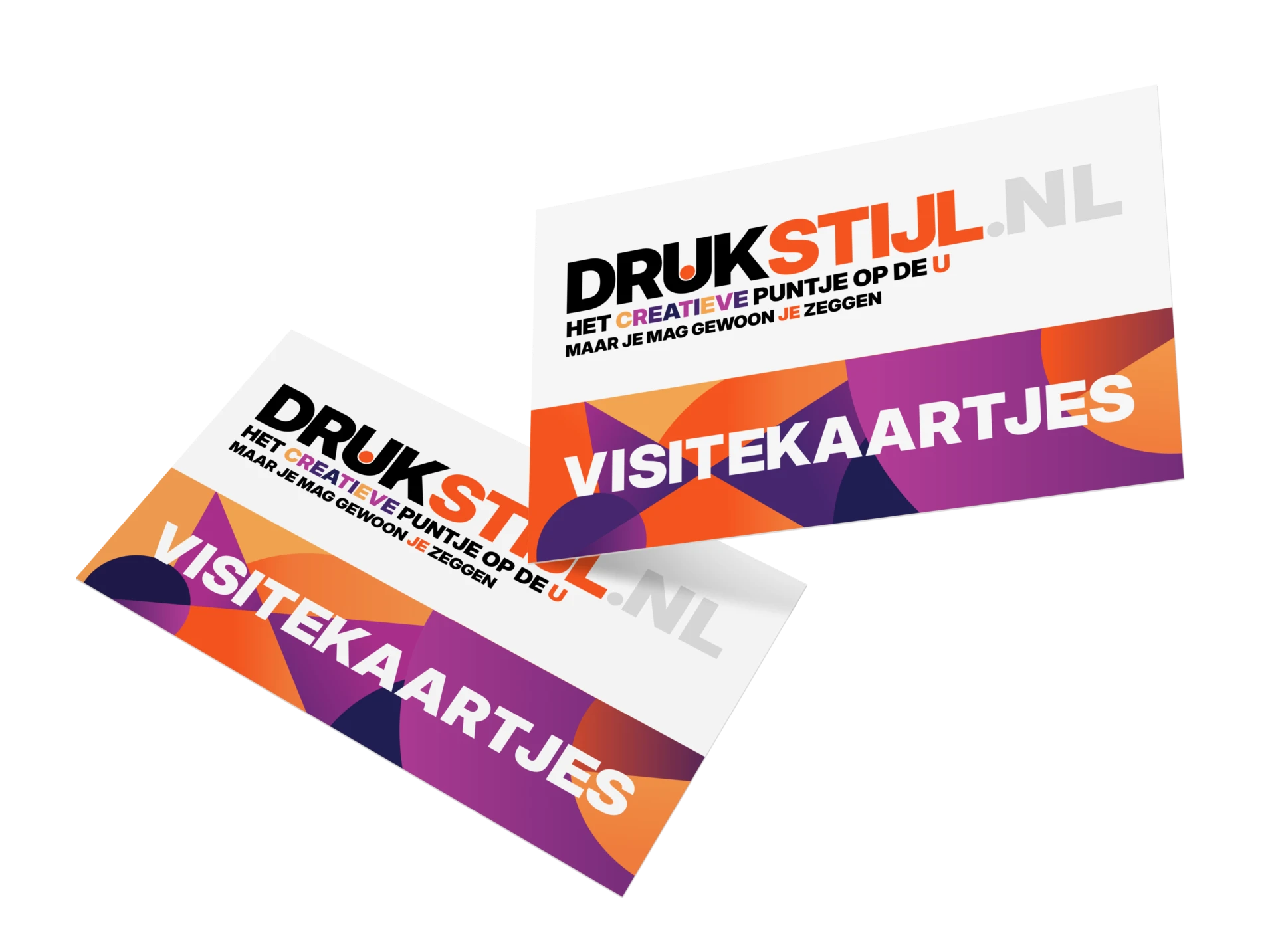 Twee visitekaartjes van DRUKSTIJL over elkaar