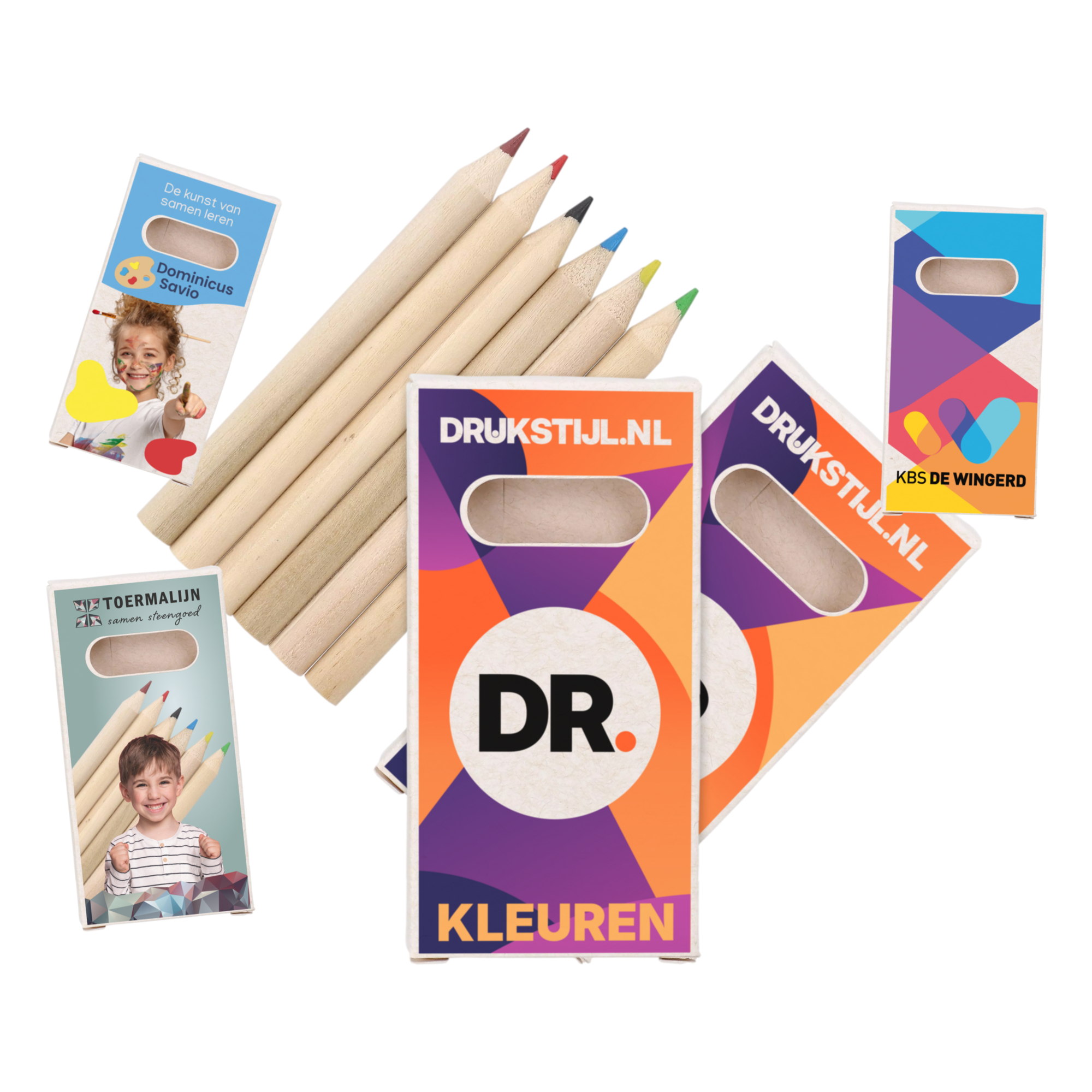 Bedrukte doosjes met kleurpotloden