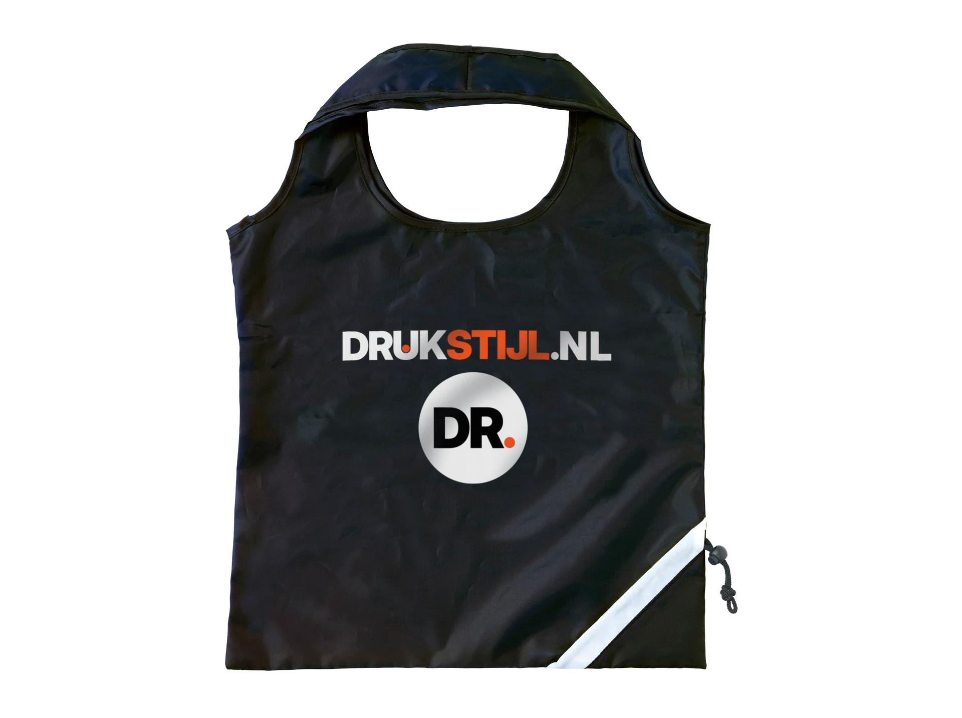 Zwarte rugzak met DRUKSTIJL.NL logo en opbergvak