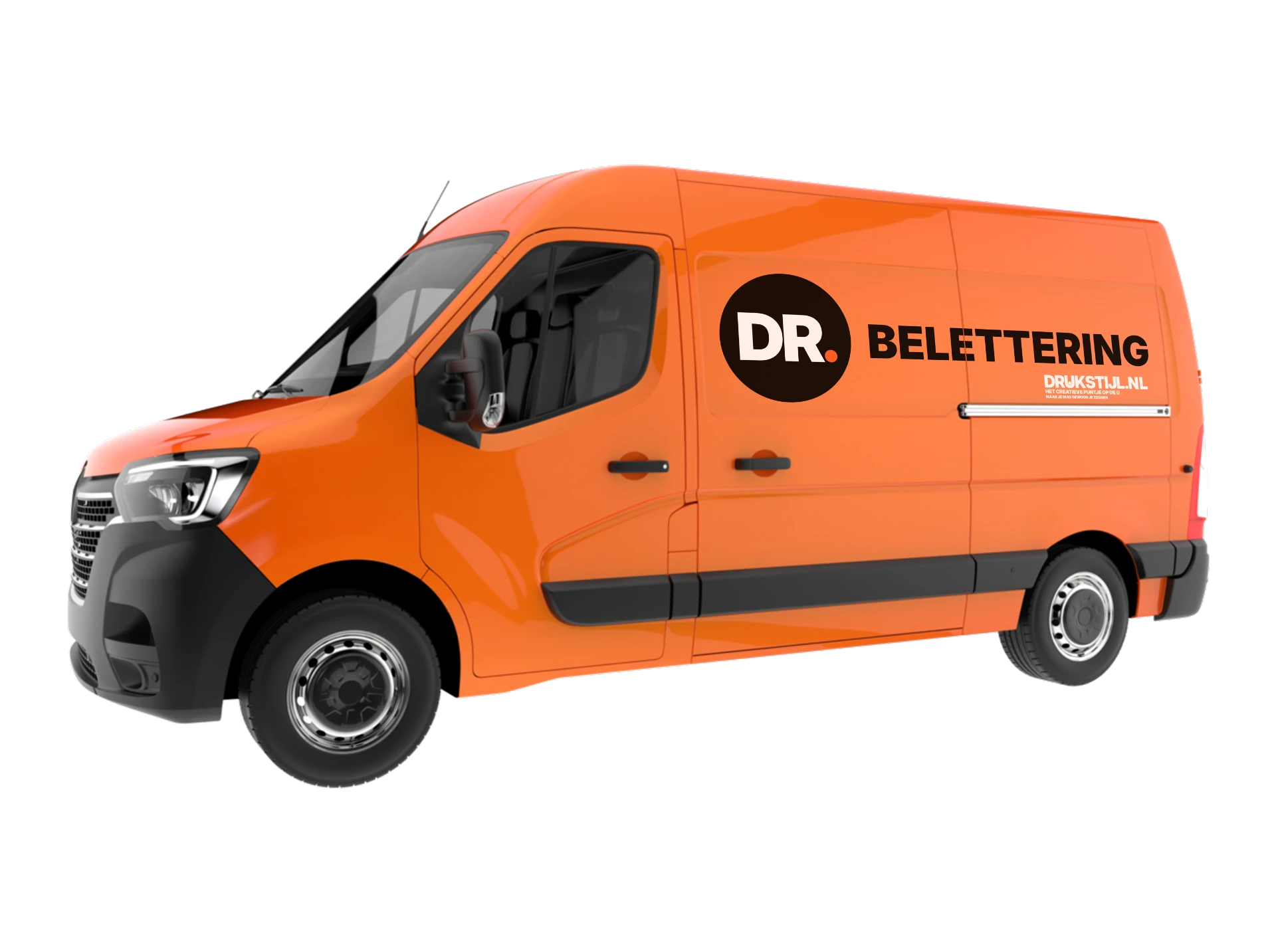 Oranje bestelbus met DRUKSTIJL-belettering
