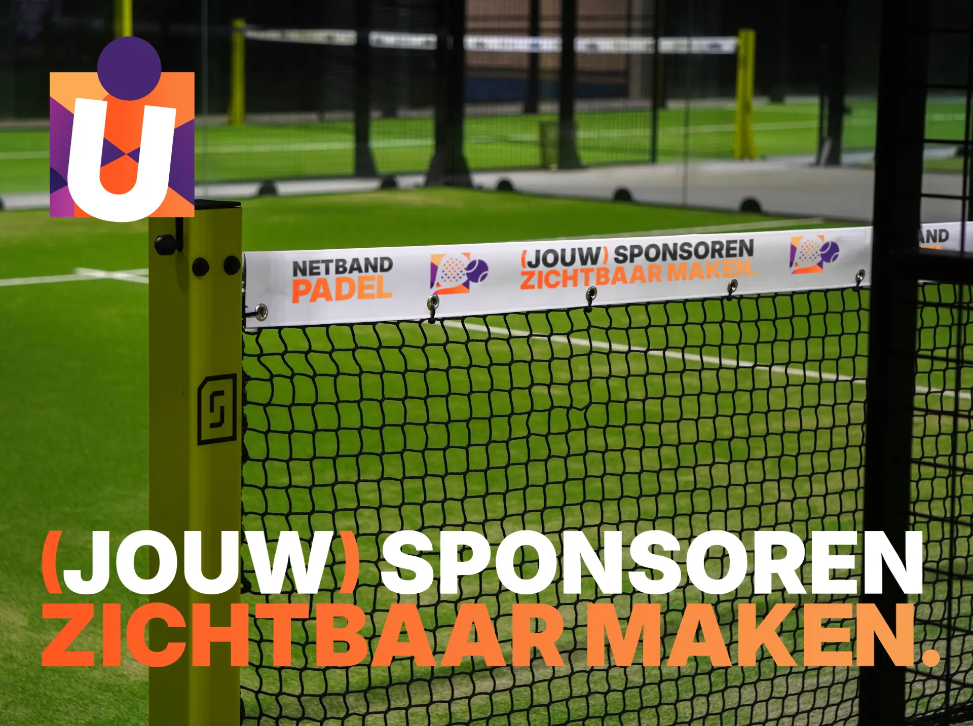 NETBAND PADEL langs het net met de tekst (JOUW) SPONSOREN ZICHTBAAR MAKEN
