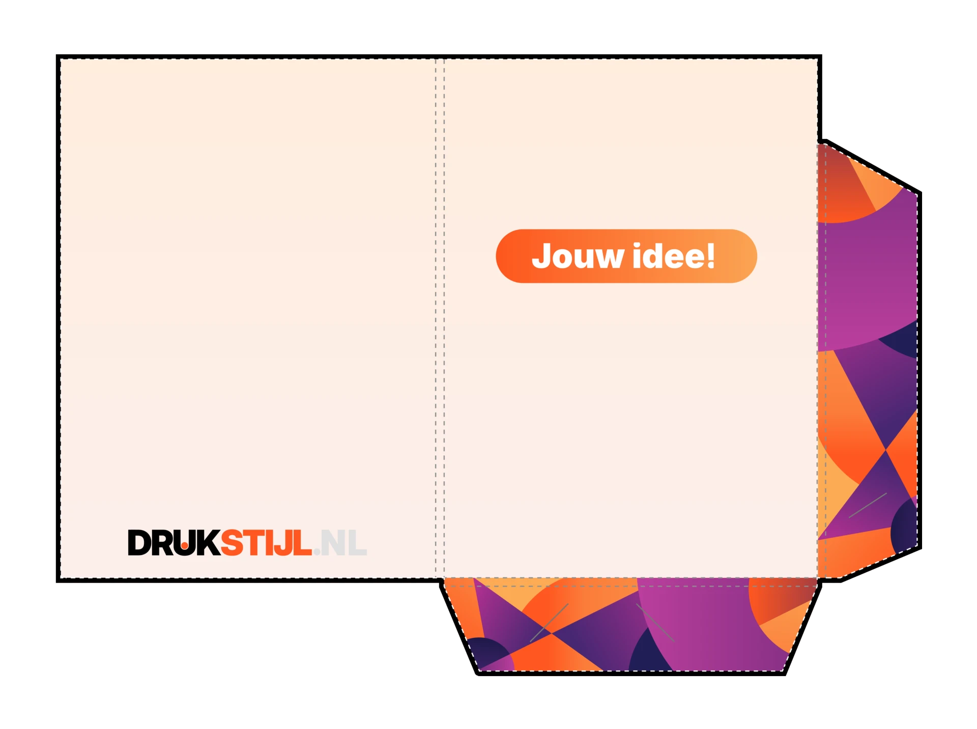 Stansvorm van de A4 presentatiemap — binnenkant met insteekvak en 'Jouw idee!'
