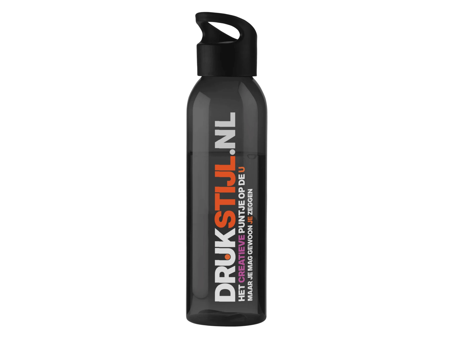 Zwarte drinkfles met witte en oranje DRUKSTIJL.NL-opdruk