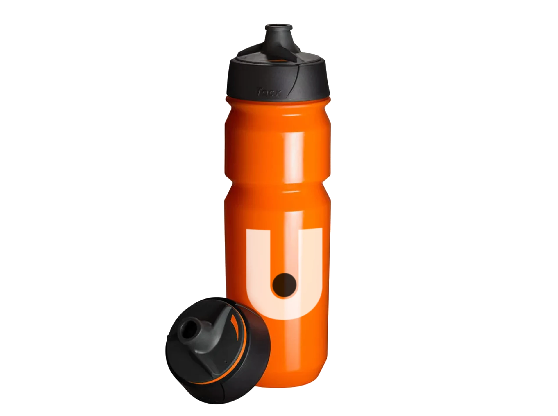 Oranje sportbidon met wit U-logo en zwarte schroefdop