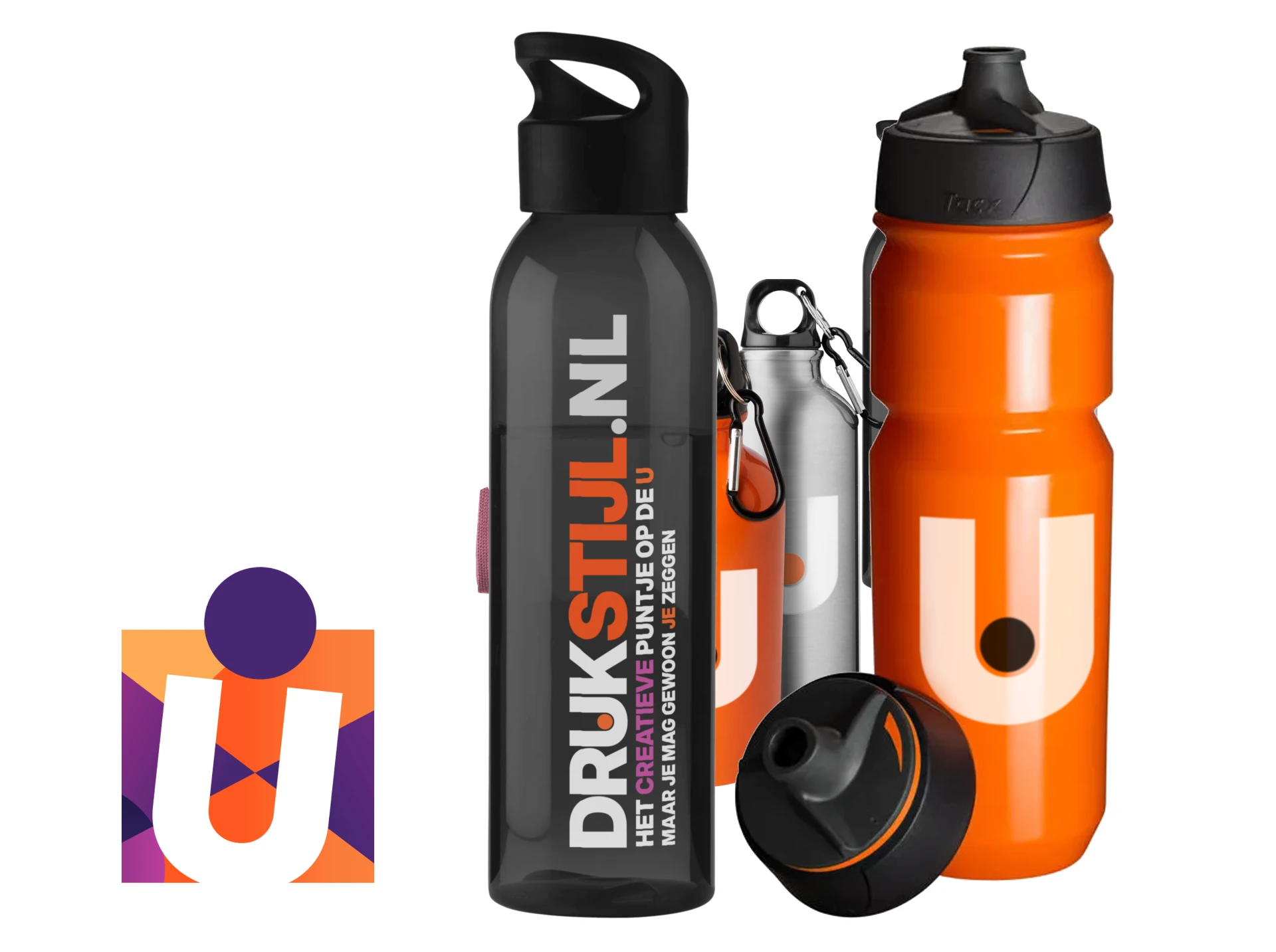 Zwarte, zilveren en oranje drinkflessen met DRUKSTIJL-opdruk