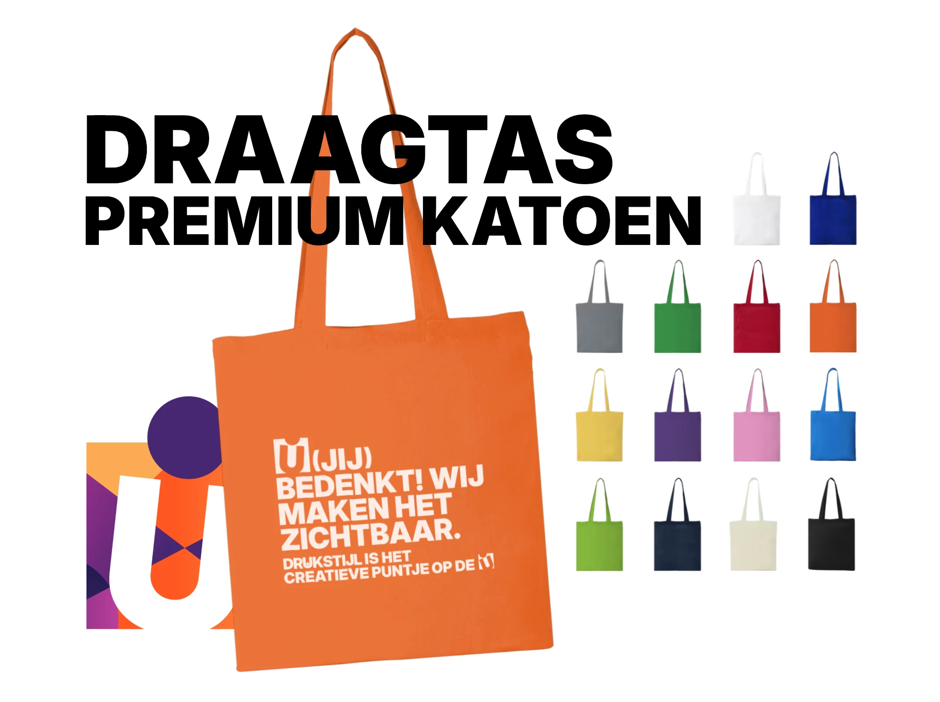 Oranje katoenen draagtas met DRUKSTIJL-logo en kleurenoverzicht van tassen