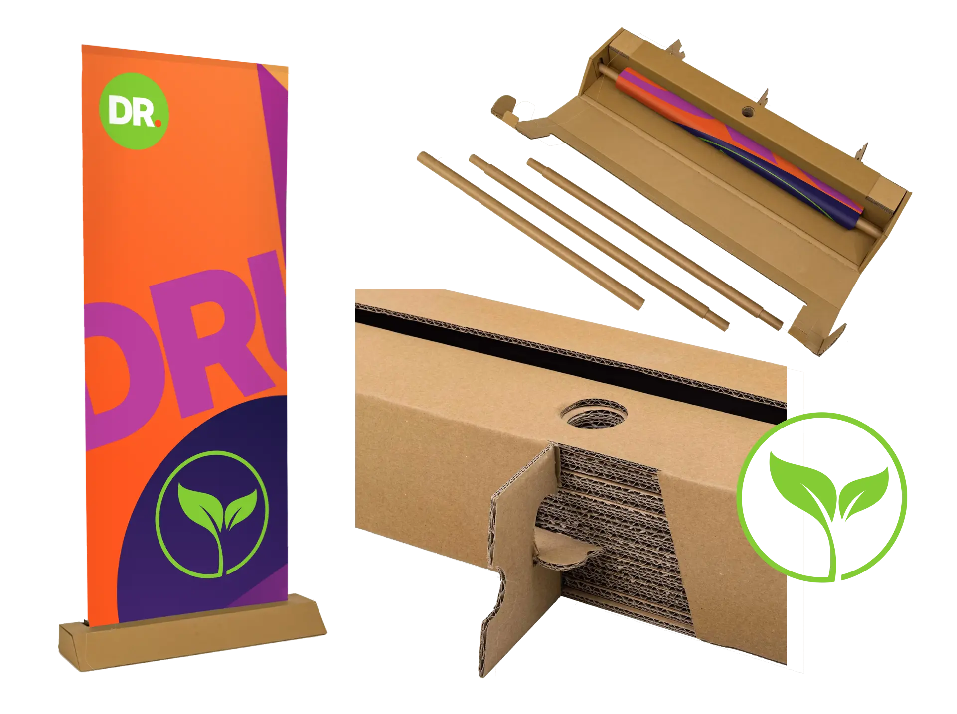 Duurzame roll-up banner met kartonnen voet en verpakking