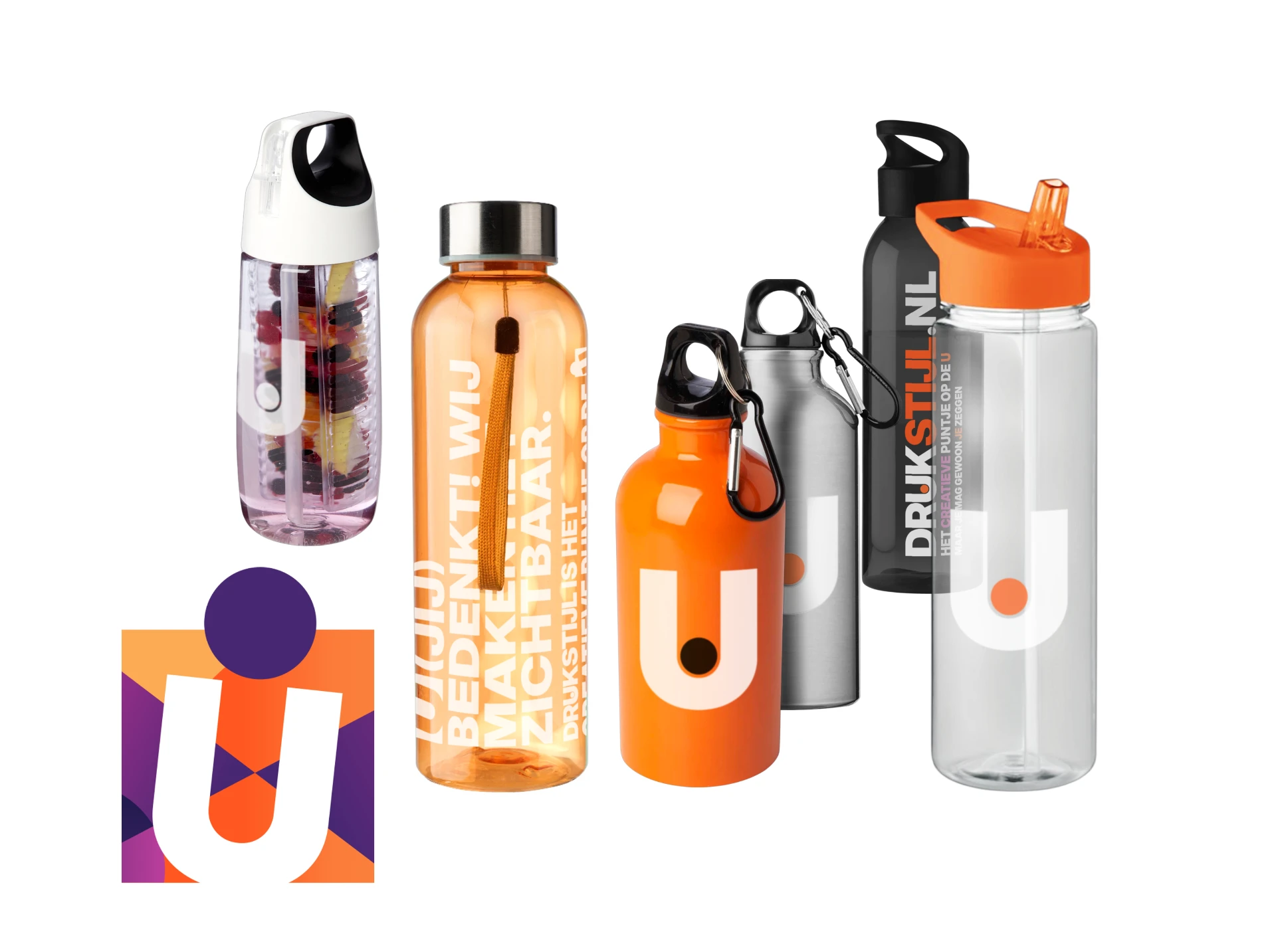 Collectie bedrukte drinkflessen in verschillende modellen en materialen